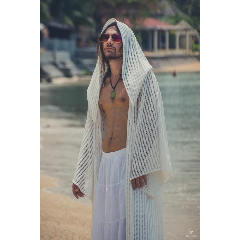 Yoshi Zen Intergalactic Druid Robe White Unisex Spiritual Beach Artisan Handmade - Picture 2 of 13